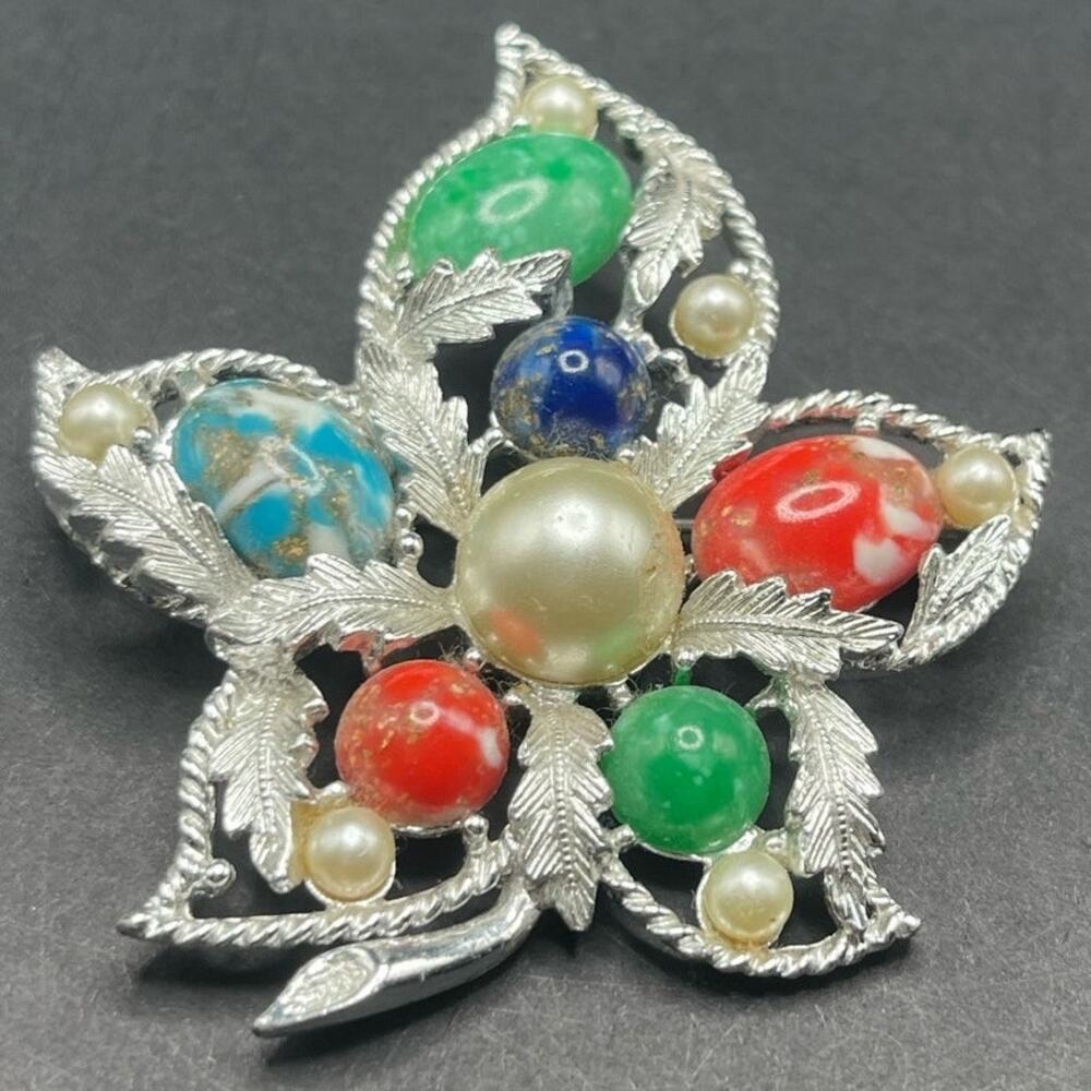 Sarah Coventry Fantasy Collection Brooch Pearl Colorful Leaf Pin Vintage 1960s